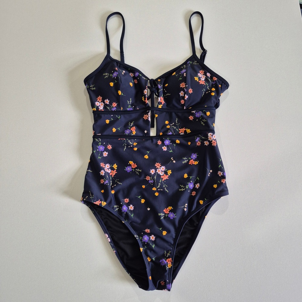 Cupshe Womens Navy Blue Floral Cutout One Piece Swimsuit Size L New With Tags